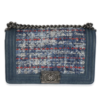 Chanel Blue Multicolor Denim Quilted Tweed Old Medium Boy Bag Handbag fv