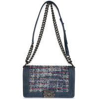 Blue Multicolor Denim Quilted Tweed Old Medium Boy Bag