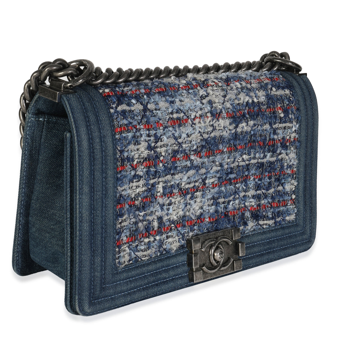 Blue Multicolor Denim Quilted Tweed Old Medium Boy Bag