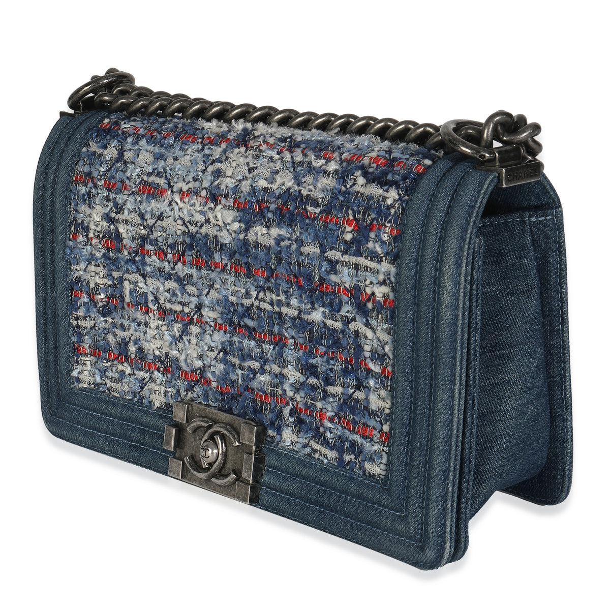 Blue Multicolor Denim Quilted Tweed Old Medium Boy Bag