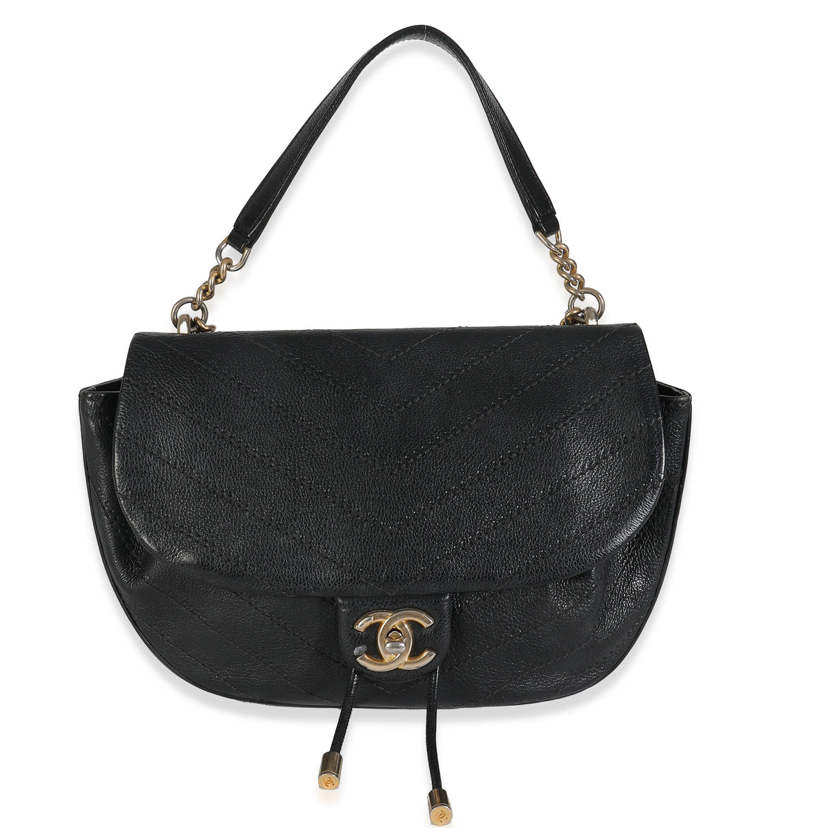 Black Quilted Calfskin Drawstring Chain Flap Bag