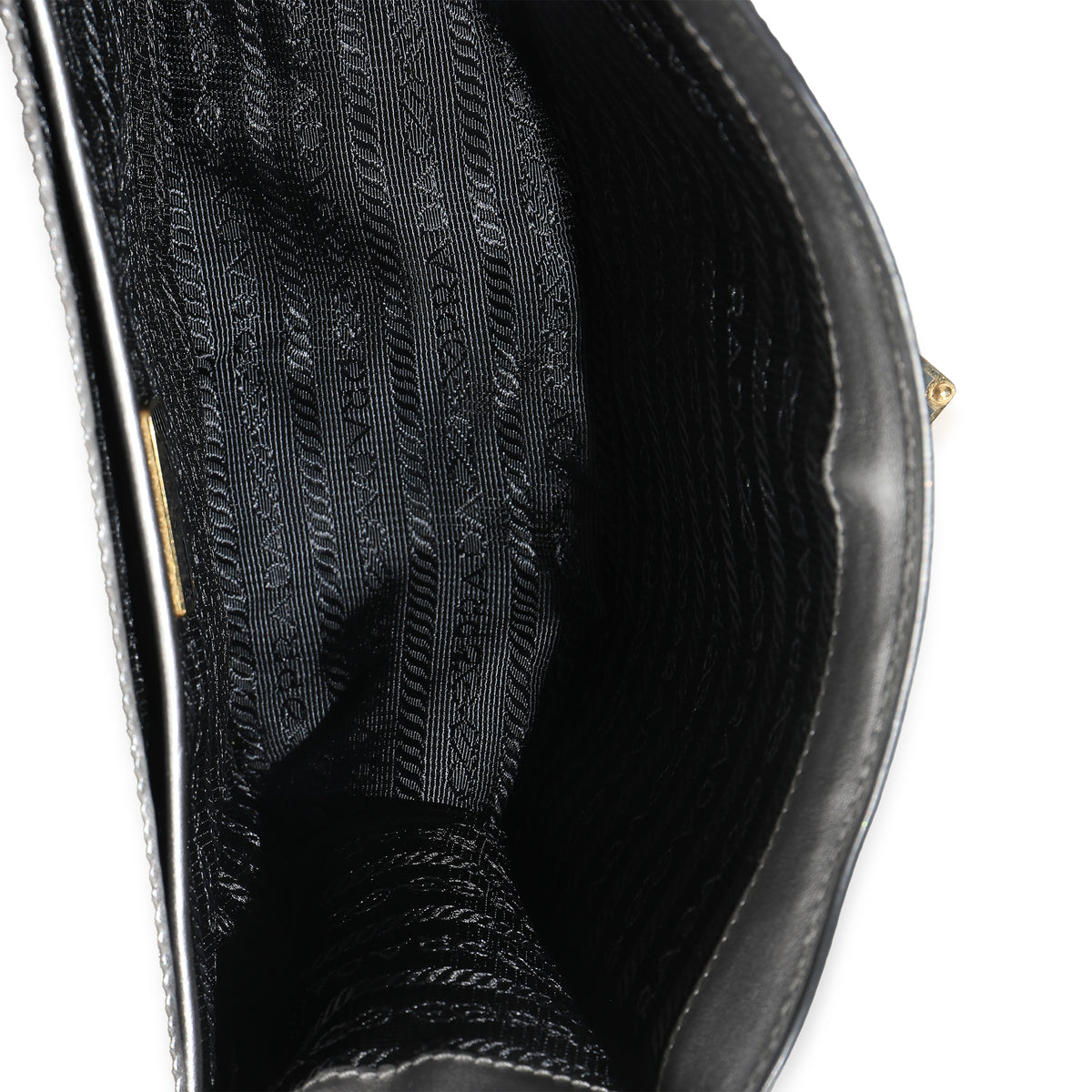 Silver Saffiano Soft Calfskin Metal Triangle Logo Envelope Chain Bag