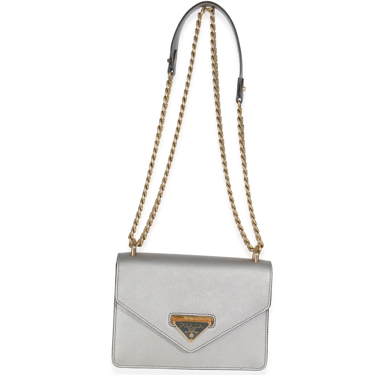 Silver Saffiano Soft Calfskin Metal Triangle Logo Envelope Chain Bag