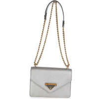 Silver Saffiano Soft Calfskin Metal Triangle Logo Envelope Chain Bag