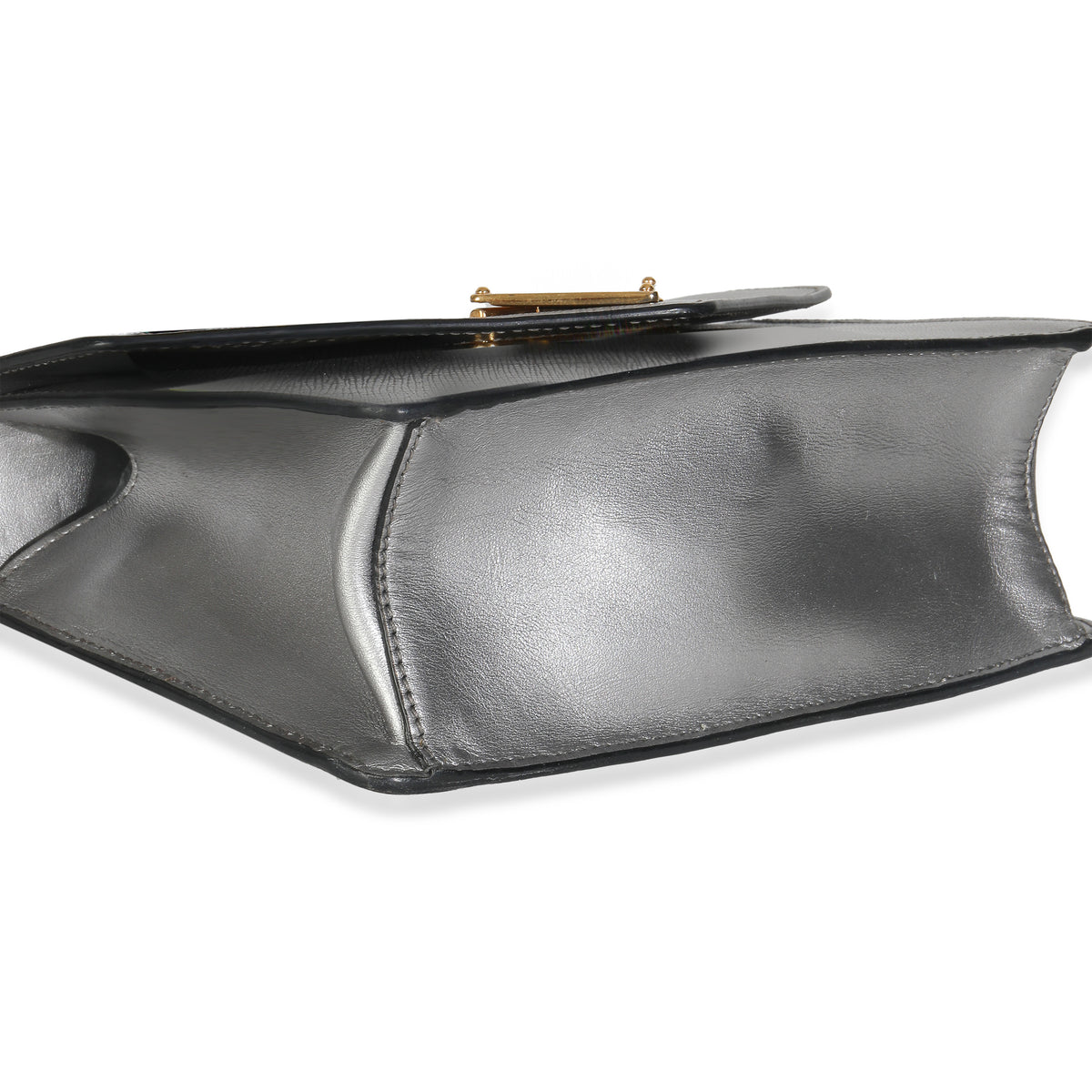 Silver Saffiano Soft Calfskin Metal Triangle Logo Envelope Chain Bag