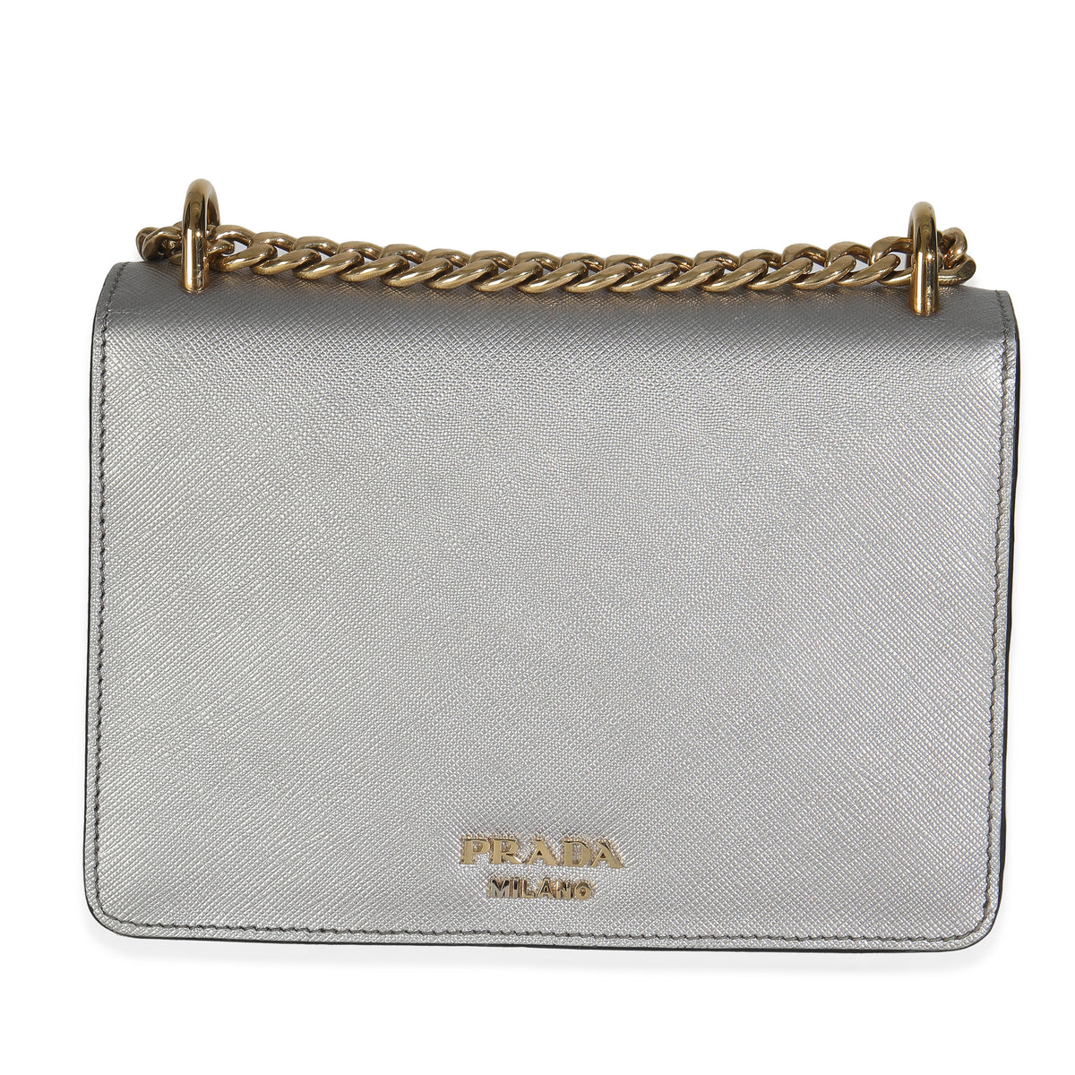 Silver Saffiano Soft Calfskin Metal Triangle Logo Envelope Chain Bag