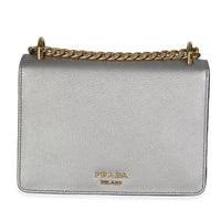 Silver Saffiano Soft Calfskin Metal Triangle Logo Envelope Chain Bag