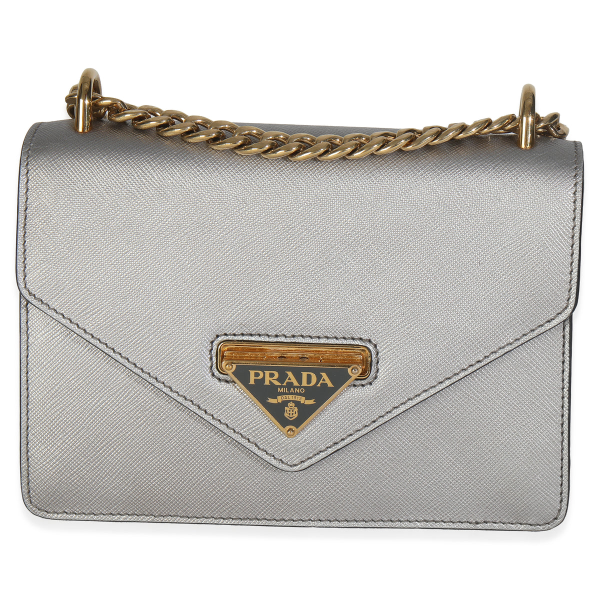Silver Saffiano Soft Calfskin Metal Triangle Logo Envelope Chain Bag