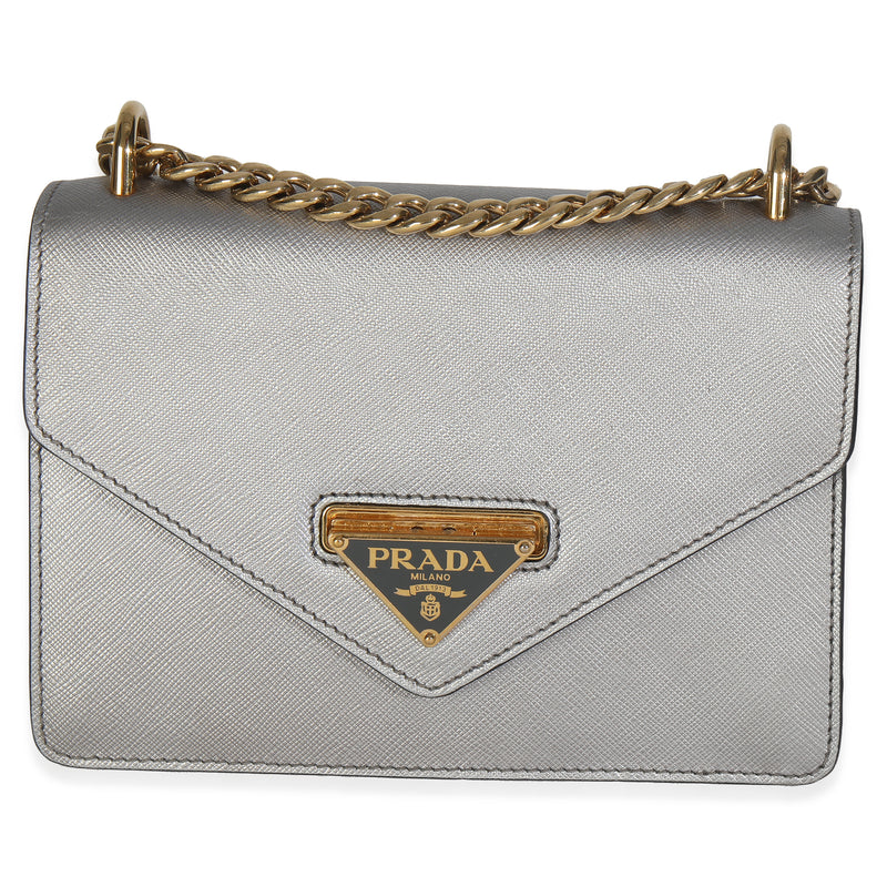Silver Saffiano Soft Calfskin Metal Triangle Logo Envelope Chain Bag