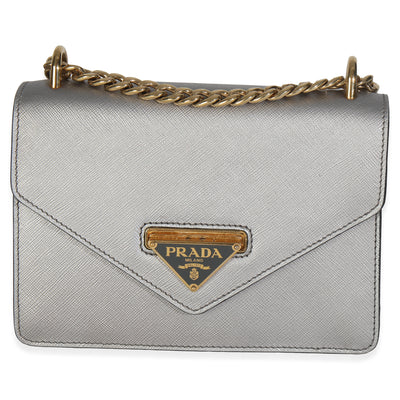 Silver Saffiano Soft Calfskin Metal Triangle Logo Envelope Chain Bag