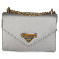 Silver Saffiano Soft Calfskin Metal Triangle Logo Envelope Chain Bag