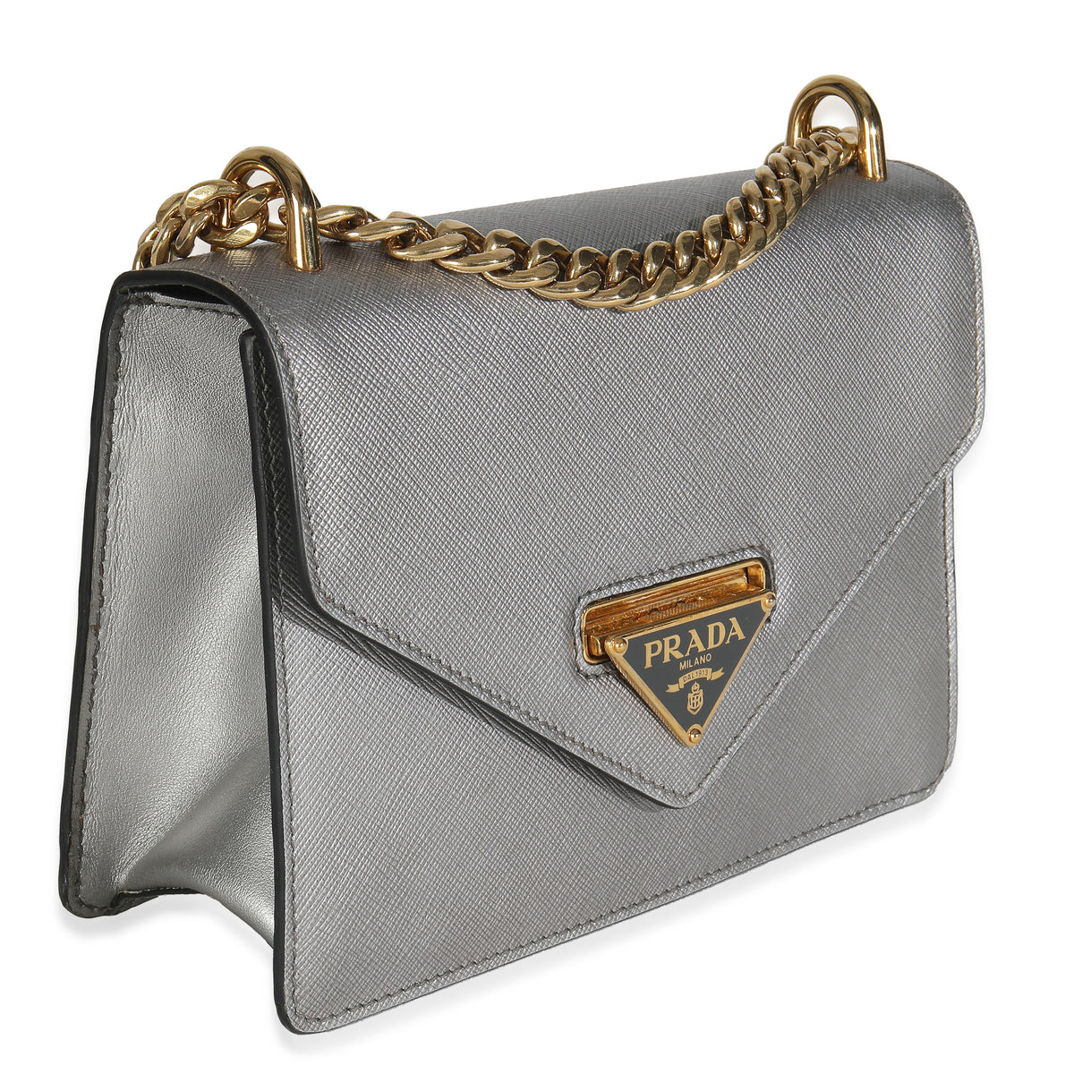 Silver Saffiano Soft Calfskin Metal Triangle Logo Envelope Chain Bag
