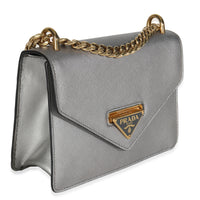 Silver Saffiano Soft Calfskin Metal Triangle Logo Envelope Chain Bag