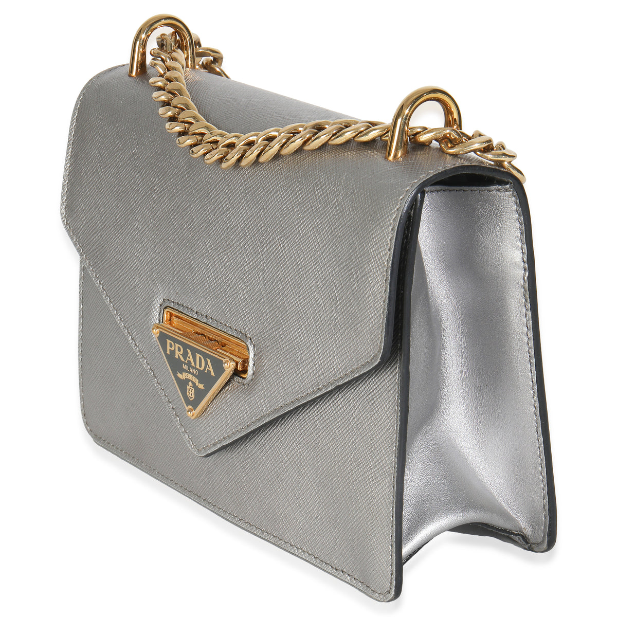 Silver Saffiano Soft Calfskin Metal Triangle Logo Envelope Chain Bag