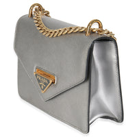 Silver Saffiano Soft Calfskin Metal Triangle Logo Envelope Chain Bag