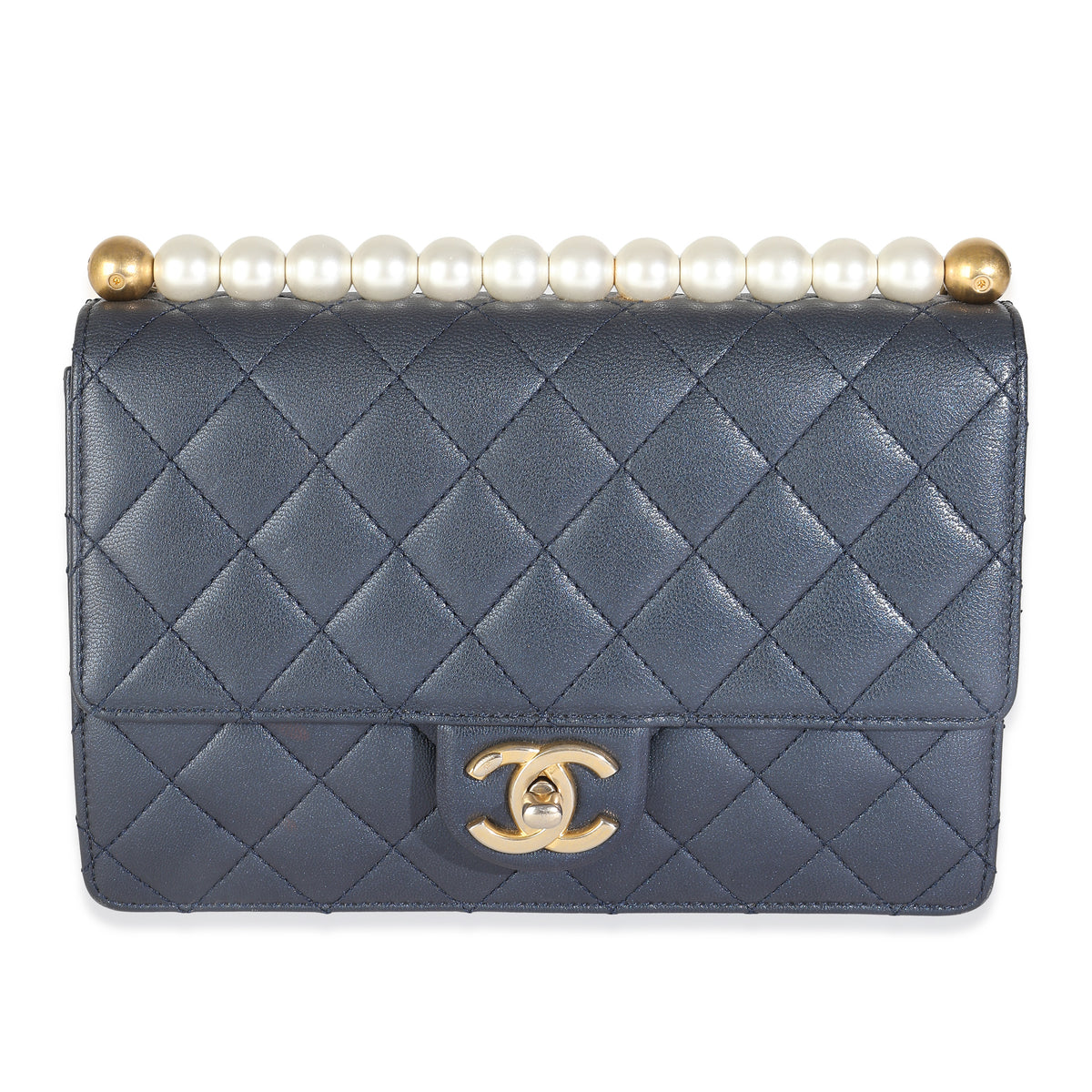 Iridescent Blue Quilted Goatskin Small Chic Pearls Flap Bag