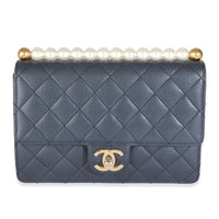 Iridescent Blue Quilted Goatskin Small Chic Pearls Flap Bag