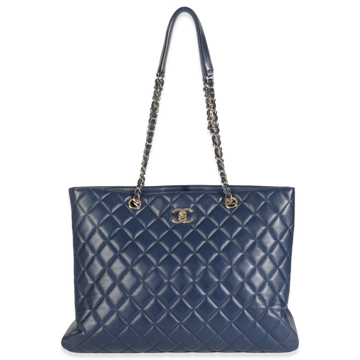 Blue Quilted Calfskin Large CC Shopping Tote Bag