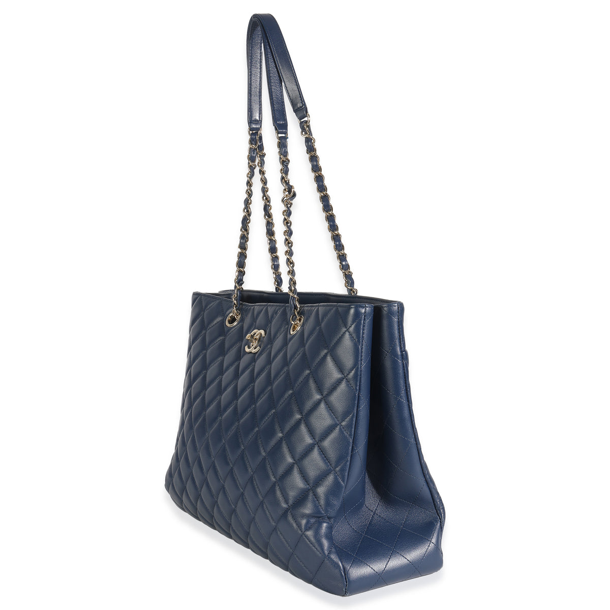 Blue Quilted Calfskin Large CC Shopping Tote Bag
