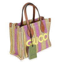 Multicolor Calfskin Jute Logo Embroidered Small Vertical Tote