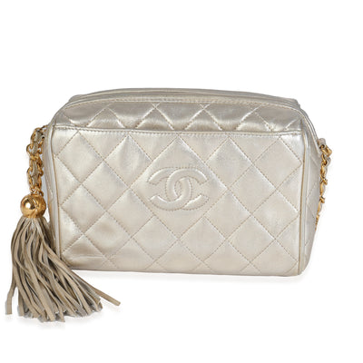 Vintage Silver Metallic Quilted Lambskin Tassel Camera Bag