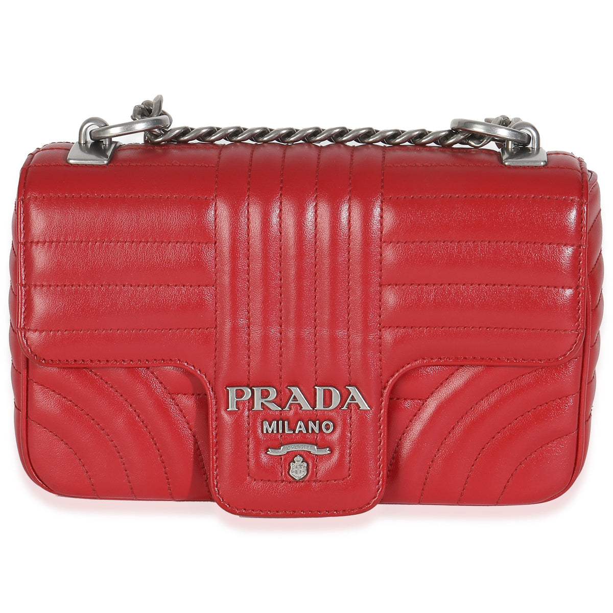 Prada Red Soft Calfskin Impunture Diagramme Medium Chain Flap Bag Handbag fv