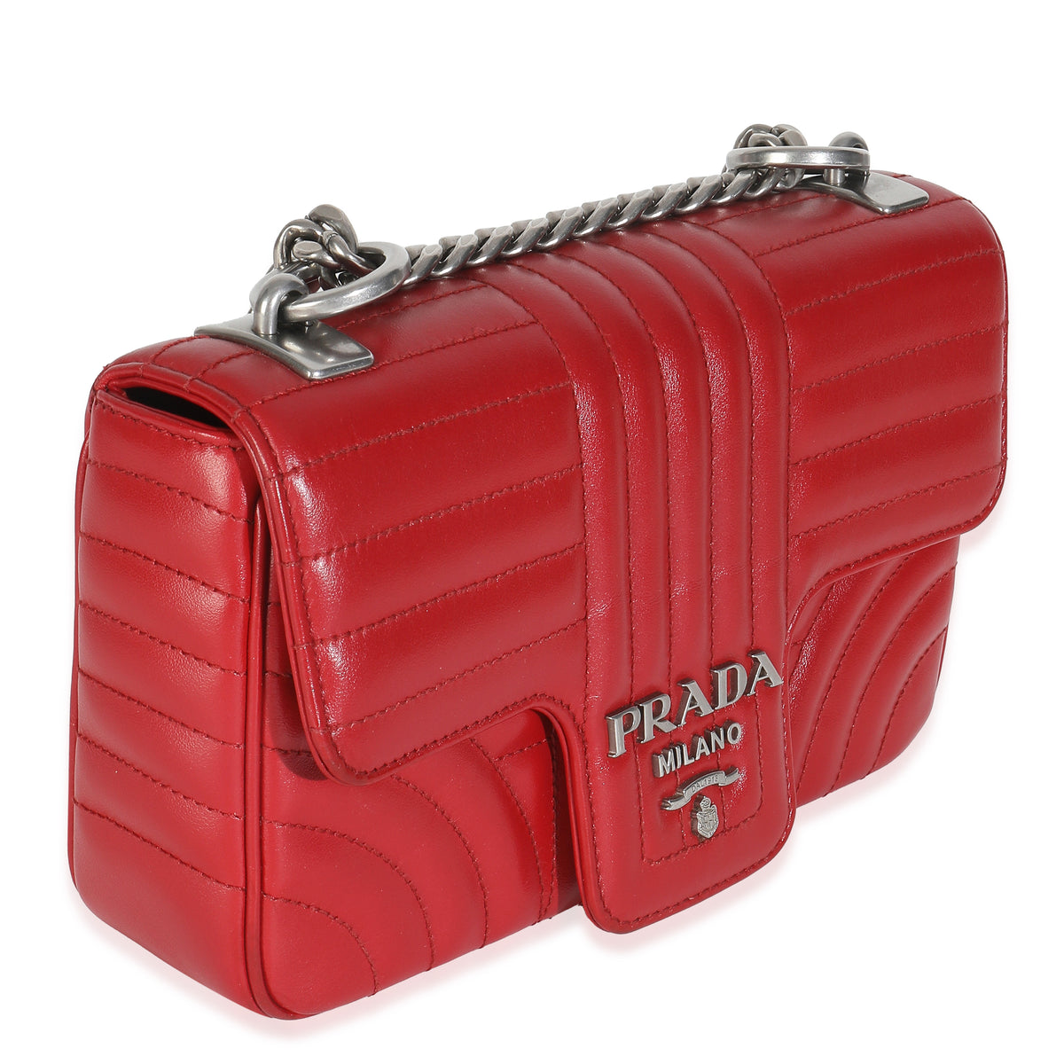 Prada Red Soft Calfskin Impunture Diagramme Medium Chain Flap Bag Handbag pv
