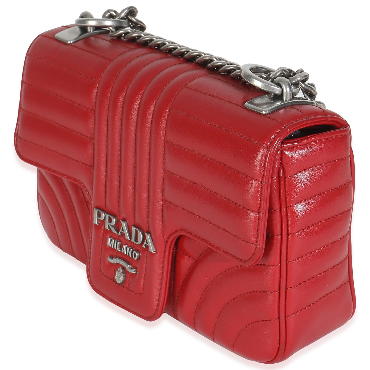 Prada Red Soft Calfskin Impunture Diagramme Medium Chain Flap Bag Handbag sv