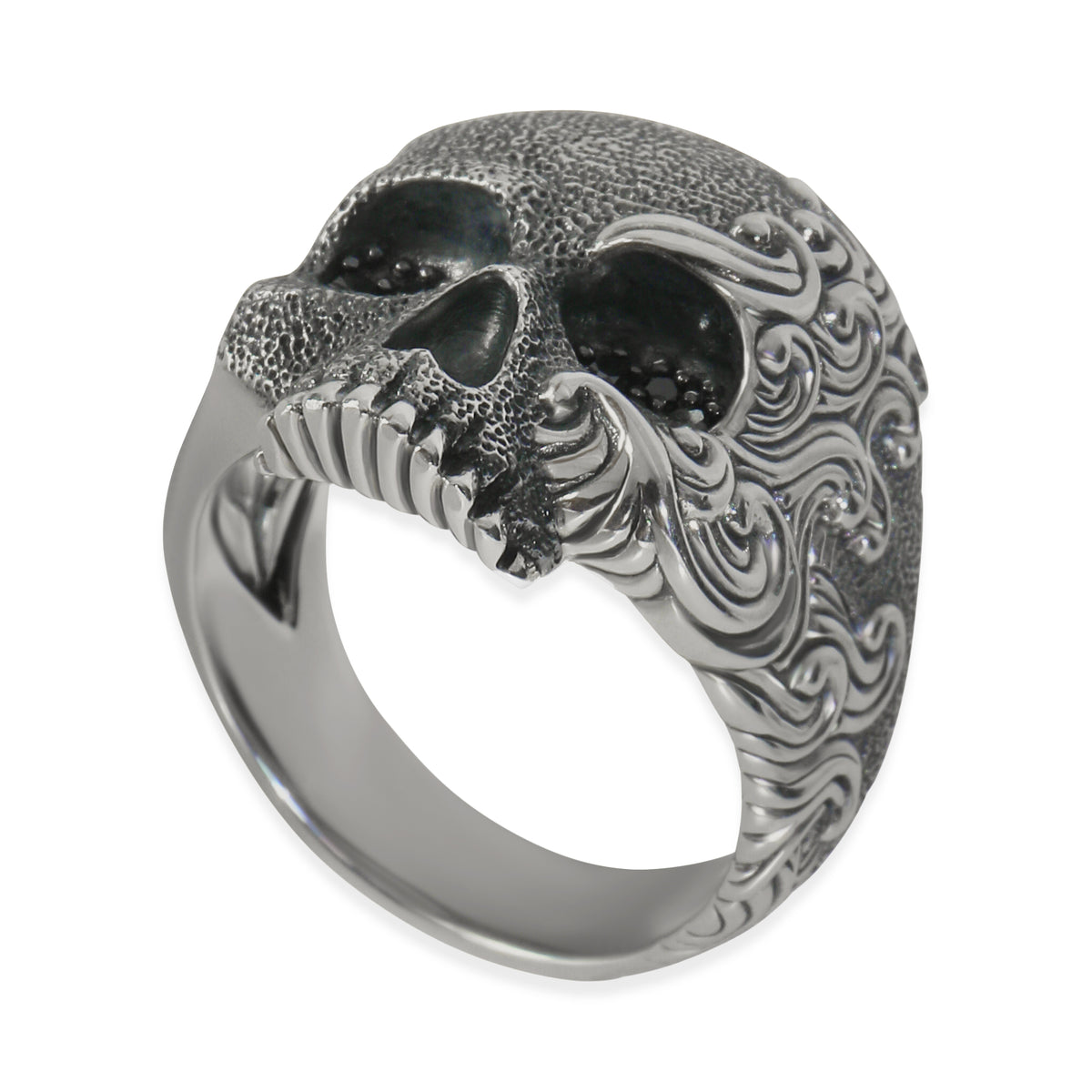 Sterling Silver Diamond Waves Skull Ring