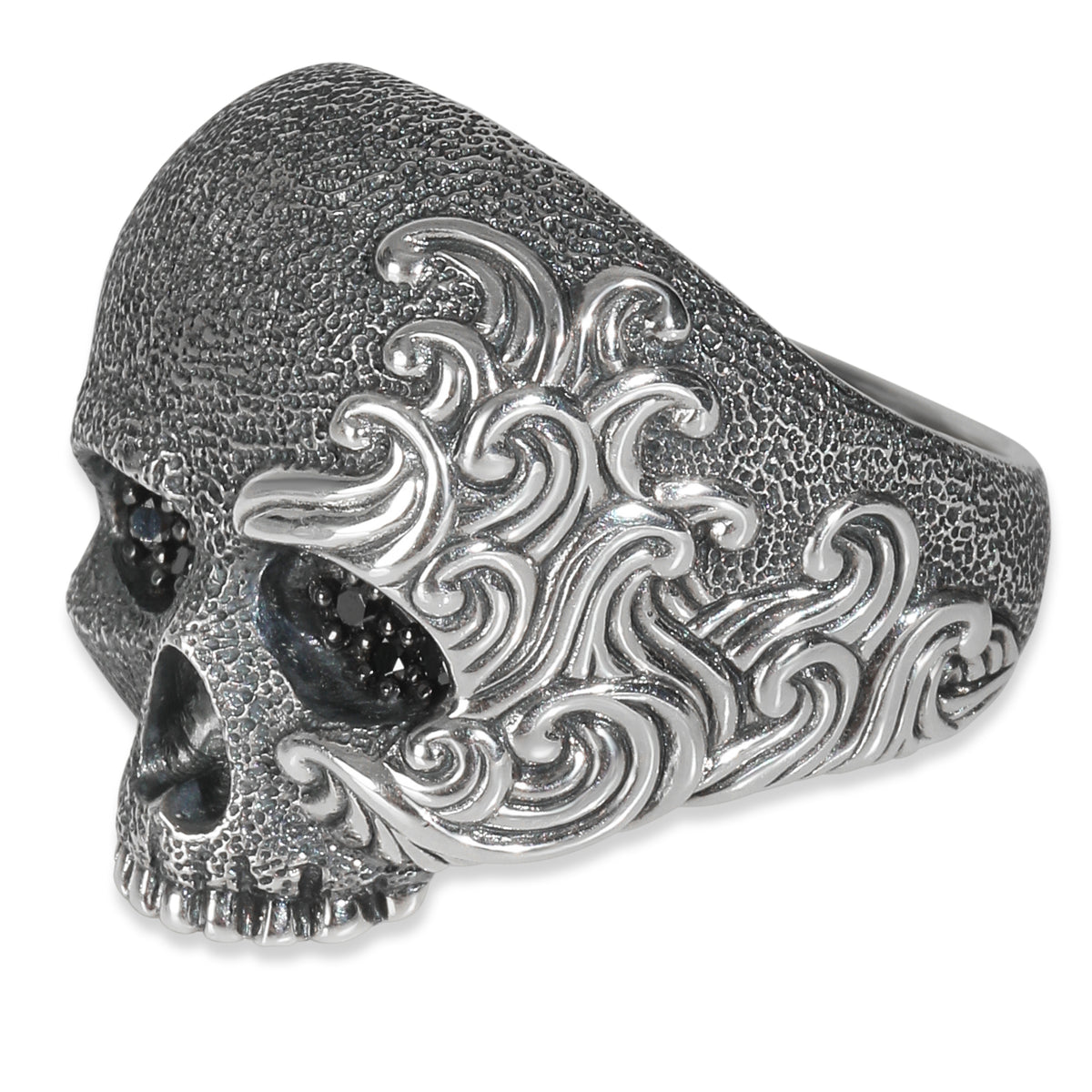 Sterling Silver Diamond Waves Skull Ring