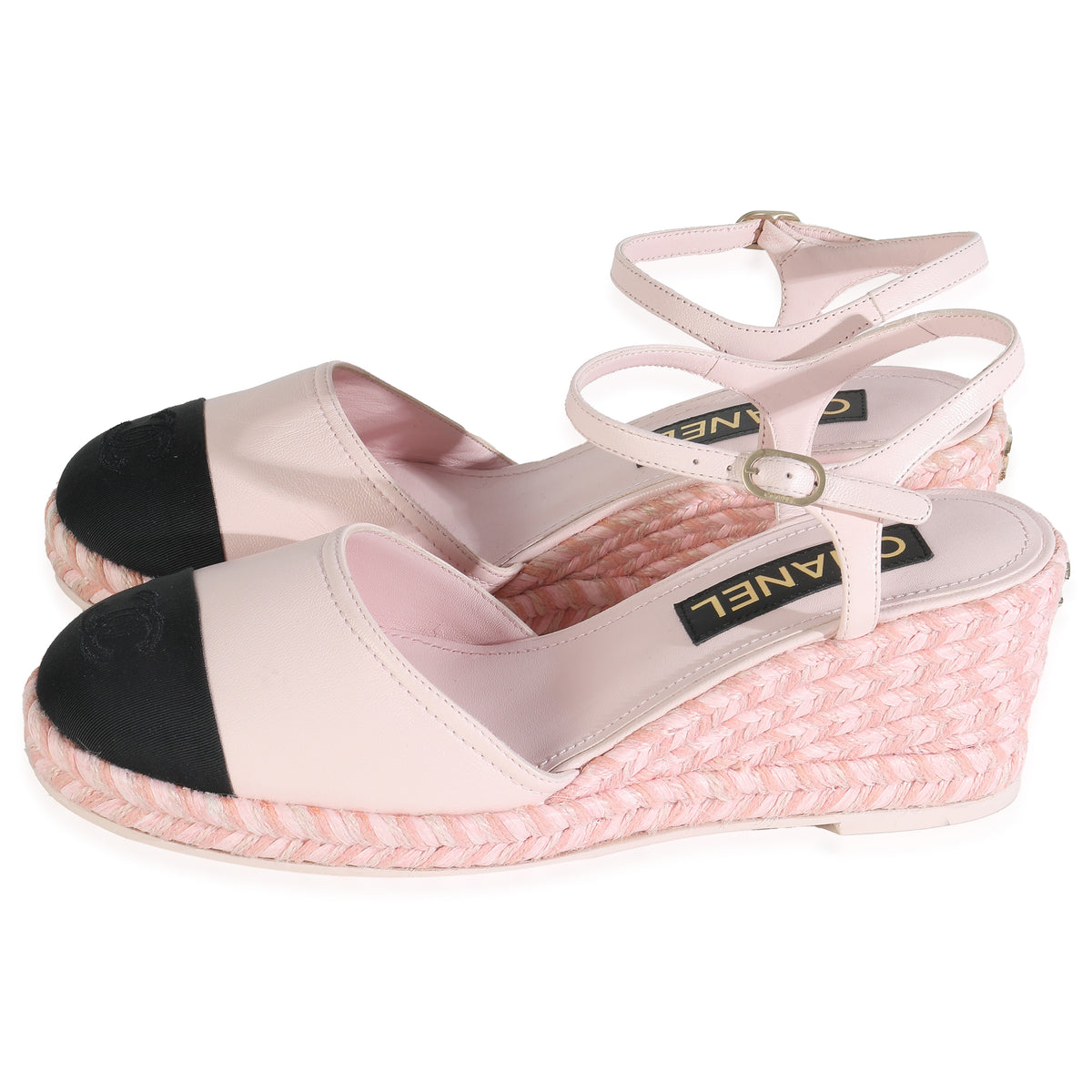 23S Pink Black Lambskin Grosgrain CC Espadrilles Wedges 40