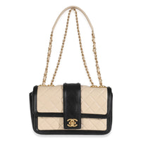 Beige Black Quilted Lambskin Medium Elegant CC Flap Bag