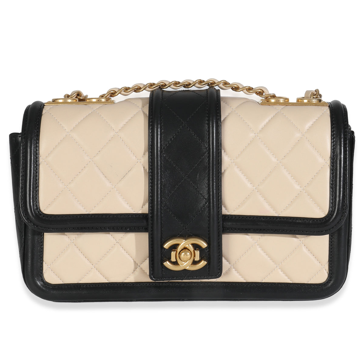 Beige Black Quilted Lambskin Medium Elegant CC Flap Bag