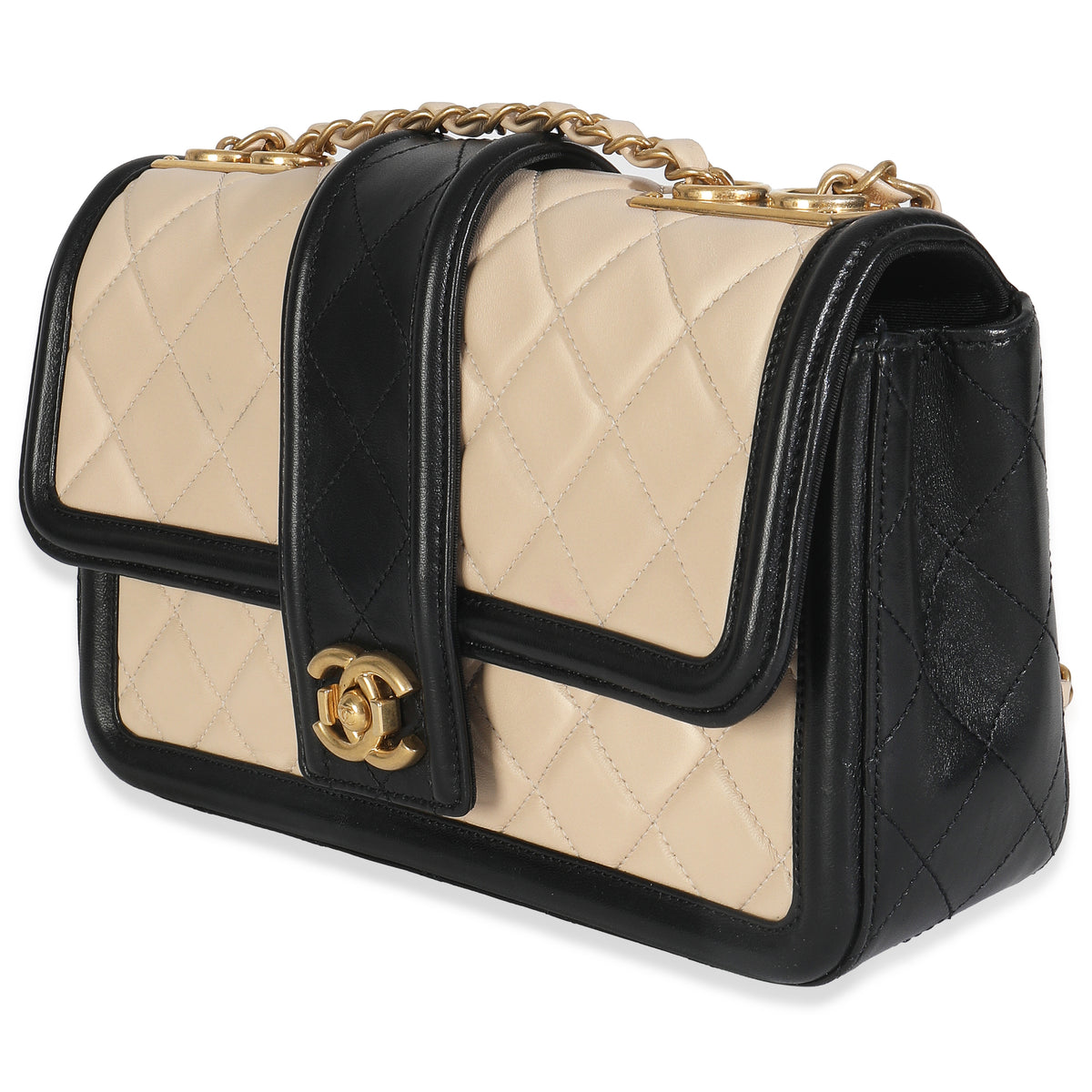 Beige Black Quilted Lambskin Medium Elegant CC Flap Bag