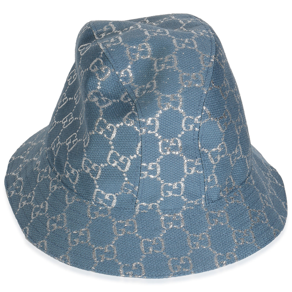 Gucci Light Blue Silver Canvas Lame GG Monogram Bucket Hat XL pv