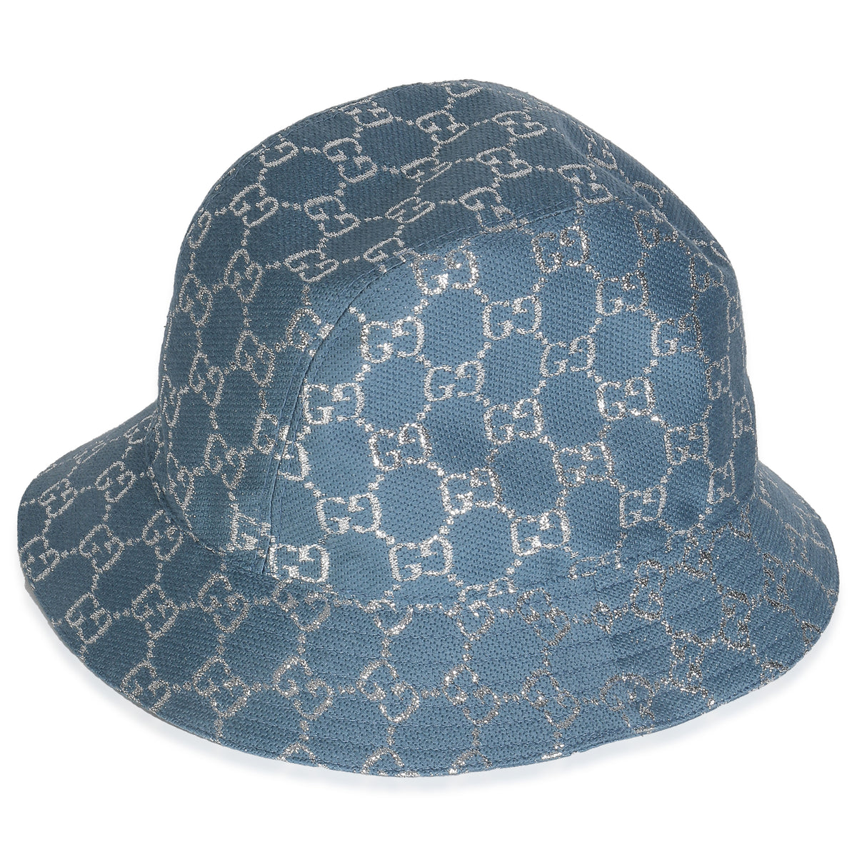 Gucci Light Blue Silver Canvas Lame GG Monogram Bucket Hat XL sv