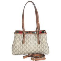 Dark Brown Beige GG Canvas Emblem Small Tote Bag