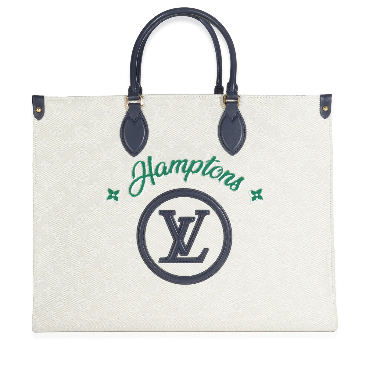 Louis Vuitton Blue Beige Jacquard Embroidered Tufted Monogram Hamptons Onthego G Handbag fv