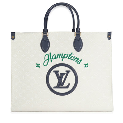 Louis Vuitton Blue Beige Jacquard Embroidered Tufted Monogram Hamptons Onthego G Handbag fv