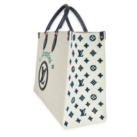 Louis Vuitton Blue Beige Jacquard Embroidered Tufted Monogram Hamptons Onthego G Handbag sv