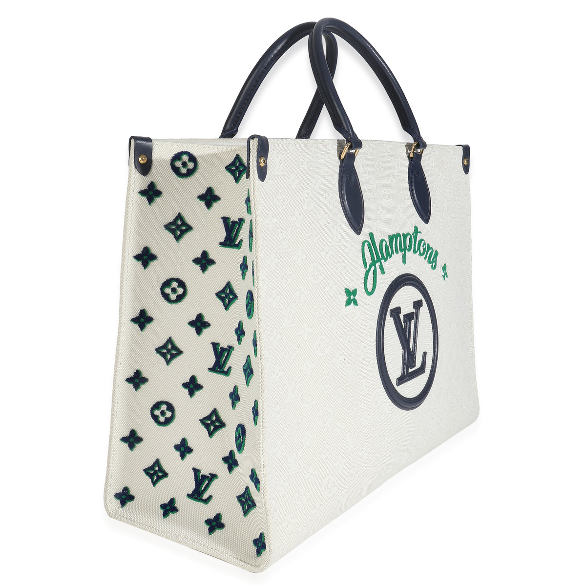 Blue Beige Jacquard Embroidered Tufted Monogram Hamptons Onthego G