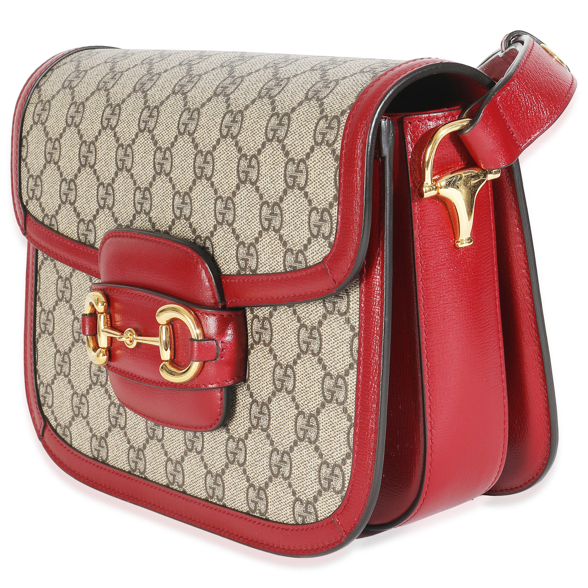 Cherry Red Beige GG Supreme Azalea Calfskin Horsebit 1955 Shoulder Bag