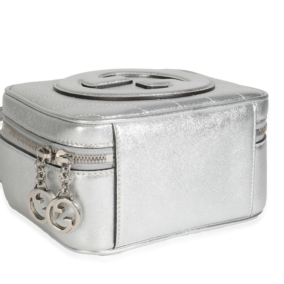 Gucci Silver Metallic Sakai Be Green Calfskin Diagonal Stitched Blondie Top Hand Handbag av