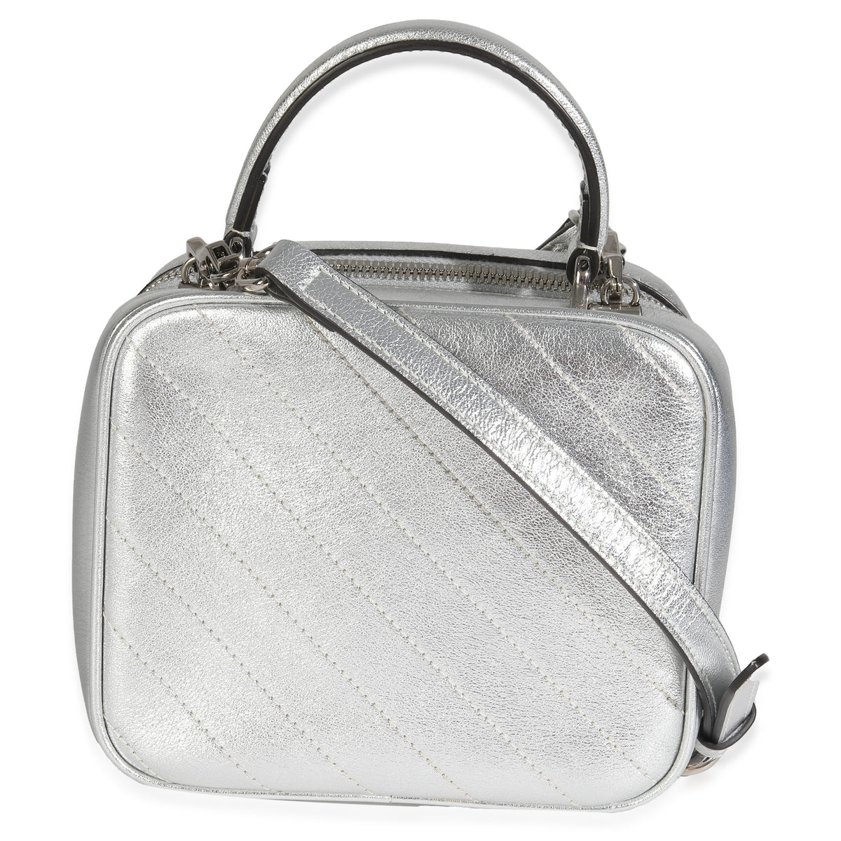 Gucci Silver Metallic Sakai Be Green Calfskin Diagonal Stitched Blondie Top Hand Handbag bv