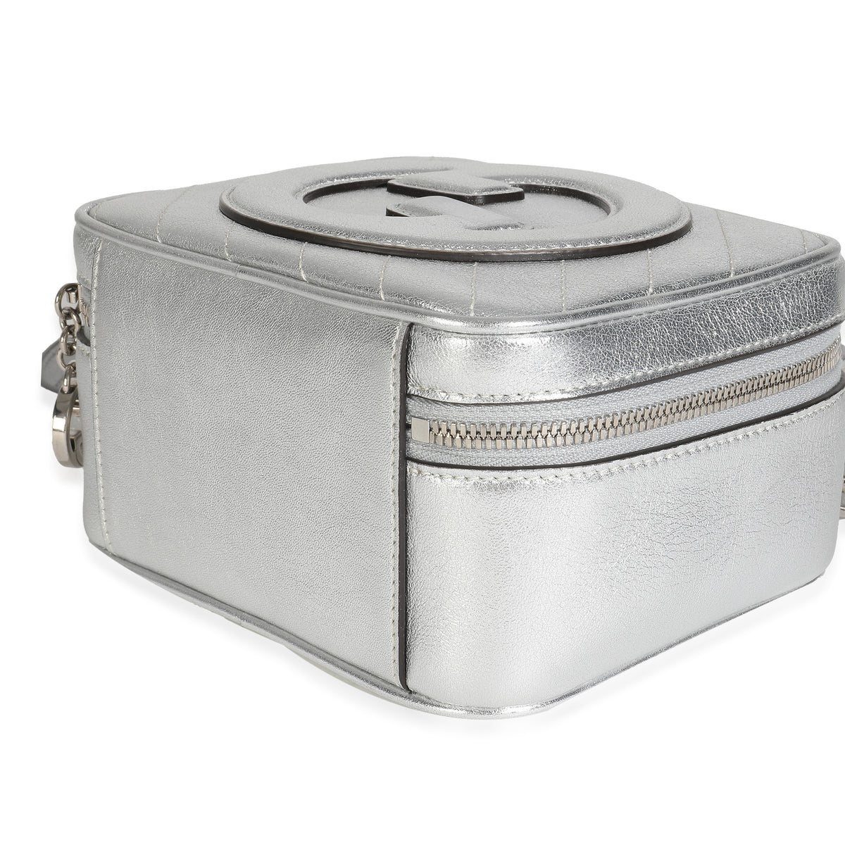 Gucci Silver Metallic Sakai Be Green Calfskin Diagonal Stitched Blondie Top Hand Handbag clasp
