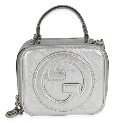 Gucci Silver Metallic Sakai Be Green Calfskin Diagonal Stitched Blondie Top Hand Handbag fv