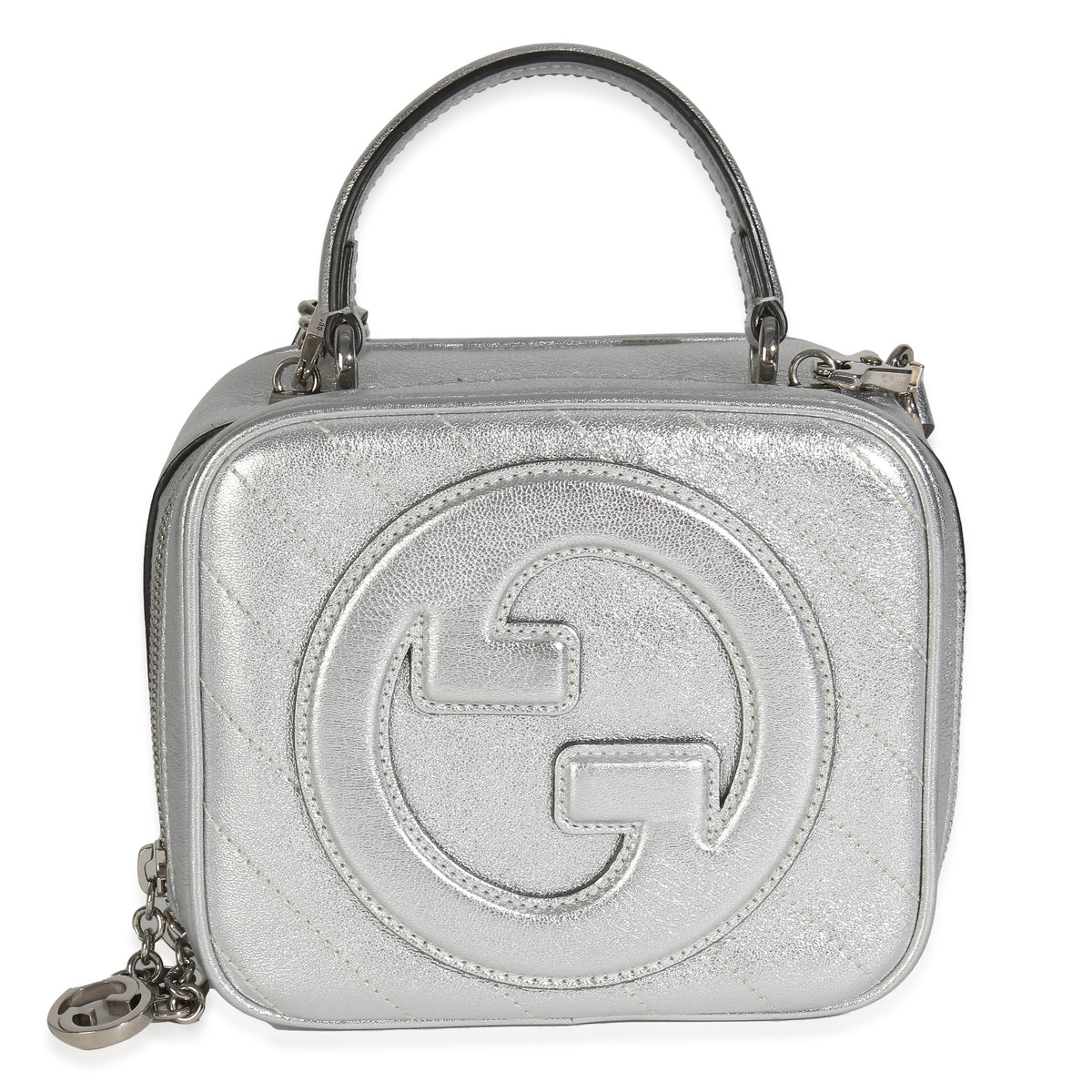 Gucci Silver Metallic Sakai Be Green Calfskin Diagonal Stitched Blondie Top Hand Handbag fv