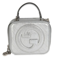 Gucci Silver Metallic Sakai Be Green Calfskin Diagonal Stitched Blondie Top Hand Handbag fv
