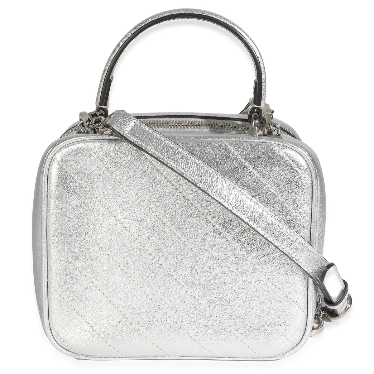 Gucci Silver Metallic Sakai Be Green Calfskin Diagonal Stitched Blondie Top Hand Handbag stamp
