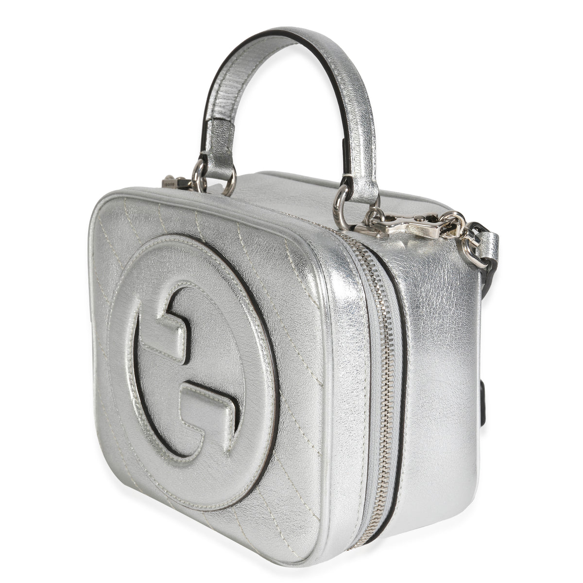 Gucci Silver Metallic Sakai Be Green Calfskin Diagonal Stitched Blondie Top Hand Handbag sv